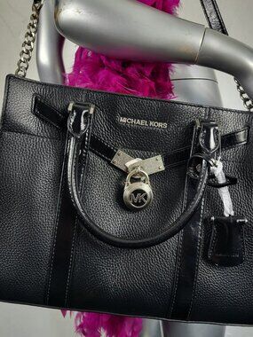 NWT~$358~MICHAEL KORS~BLACK LEATHER HAMILTON LARGE SATCHEL TOTE HANDBAG LOCK